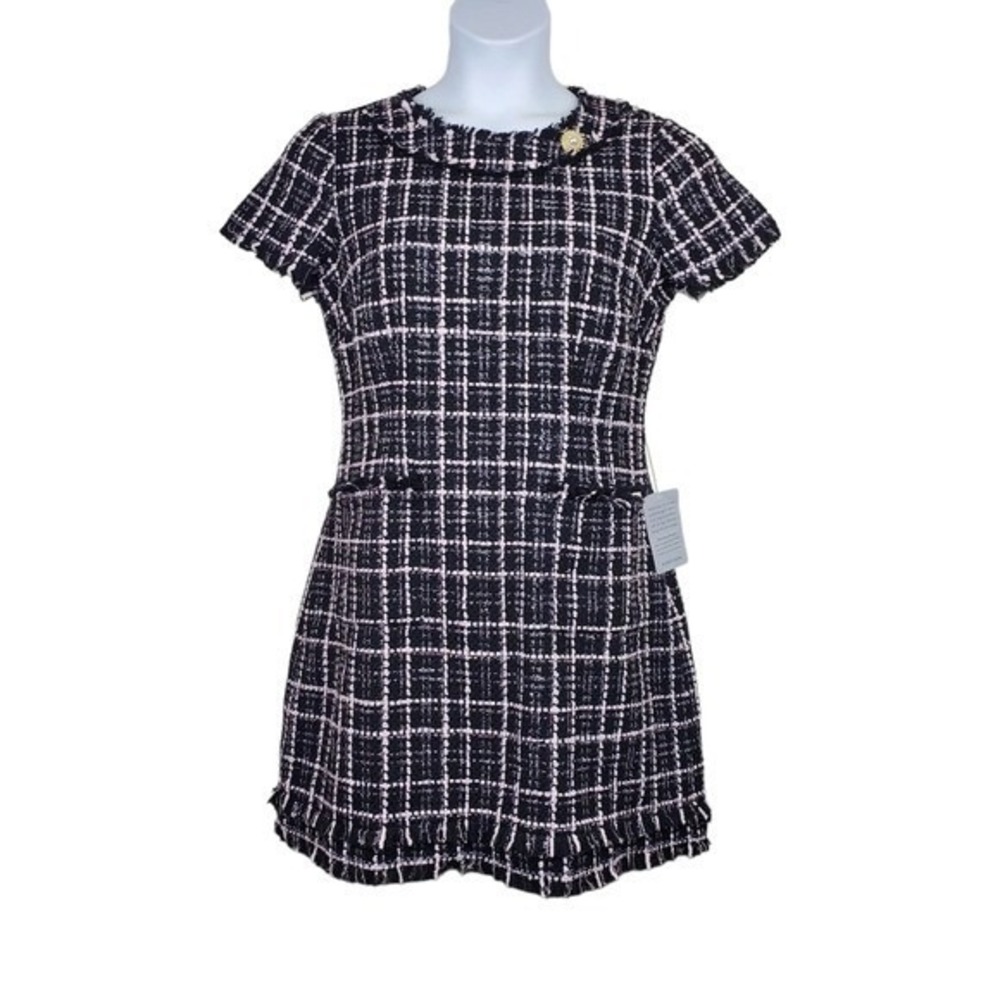 Harper Rose Black Pink Tweed Plaid Fringe Trim Mini Dress NWT 12P